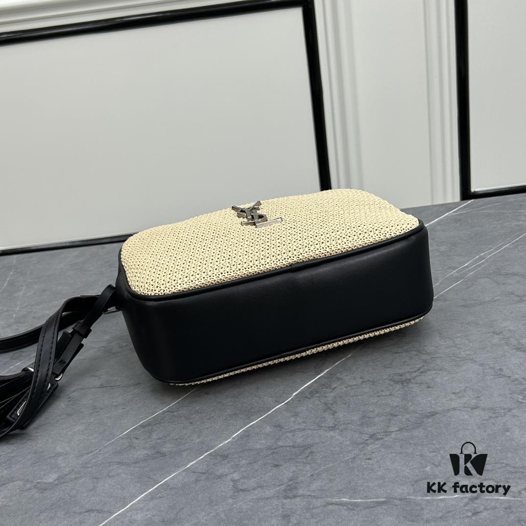 YSL Saint Laurent Black Woven Calfskin Lou Camera Bag with Box