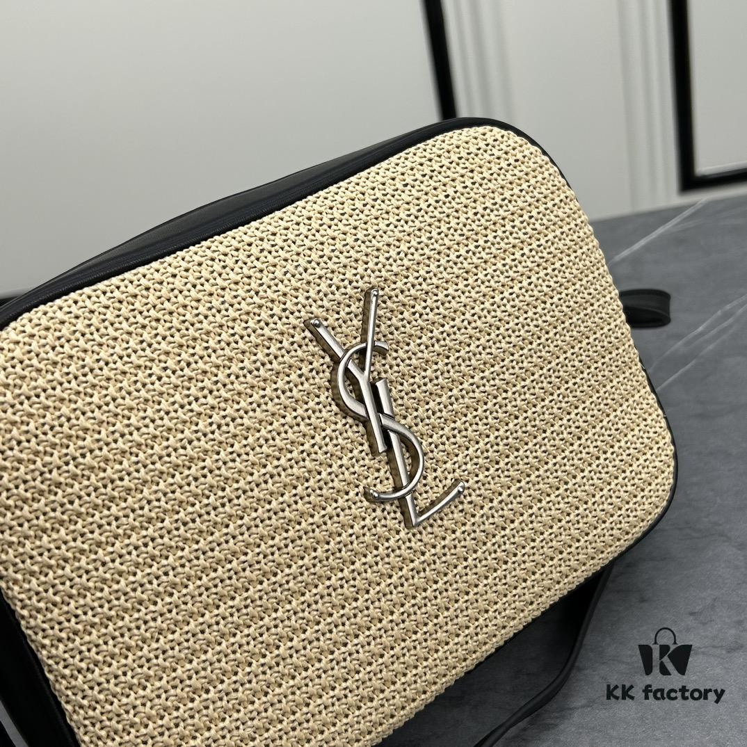 YSL Saint Laurent Black Woven Calfskin Lou Camera Bag with Box