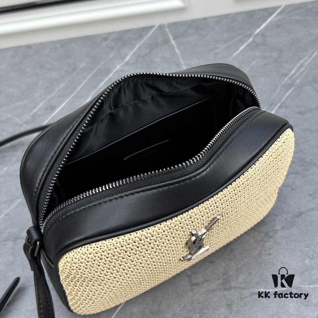 YSL Saint Laurent Black Woven Calfskin Lou Camera Bag with Box