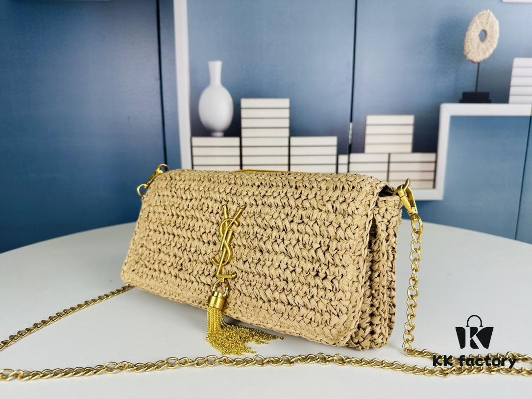 New YSL Raffia Woven Fringe Bag - Kate Model