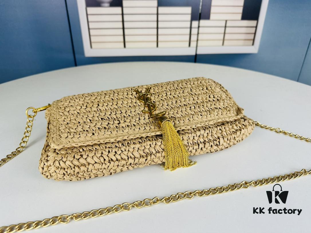 New YSL Raffia Woven Fringe Bag - Kate Model