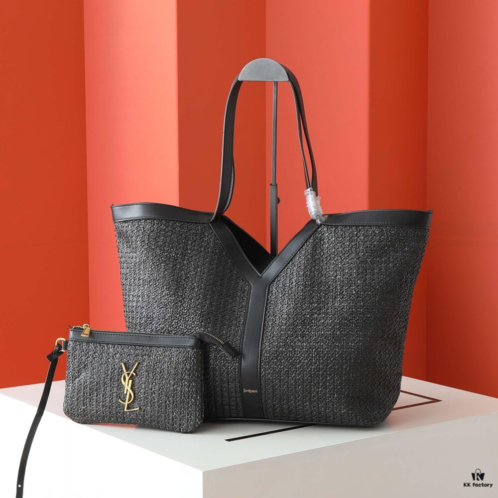 YSL Saint Laurent Rattan Mother-and-Child Tote Bag 💕 Spacious Lightweight Design with Contrasting Colors and Large Y Logo