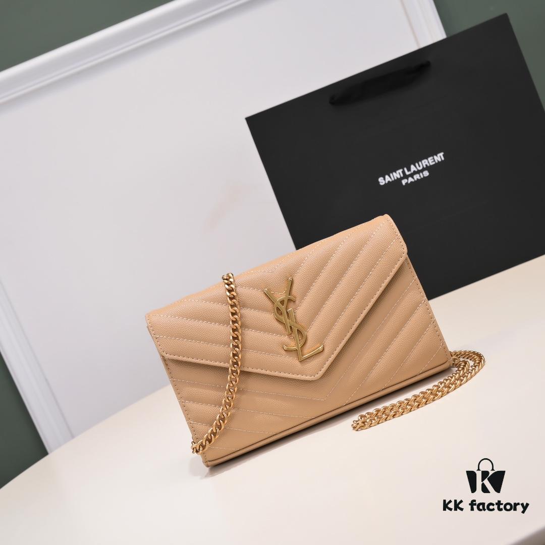 Gold Chain Ball Pattern! Classic Best-Selling SAINT LAURENT Front Flip Leather Wallet with Detachable Metal Chain, Interlocking YSL Logo, Jacquard Quilted Stitching