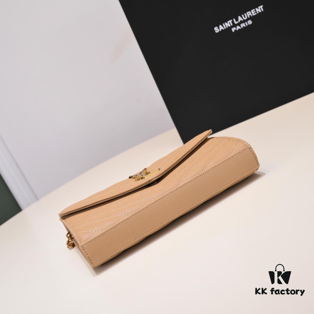 Gold Chain Ball Pattern! Classic Best-Selling SAINT LAURENT Front Flip Leather Wallet with Detachable Metal Chain, Interlocking YSL Logo, Jacquard Quilted Stitching