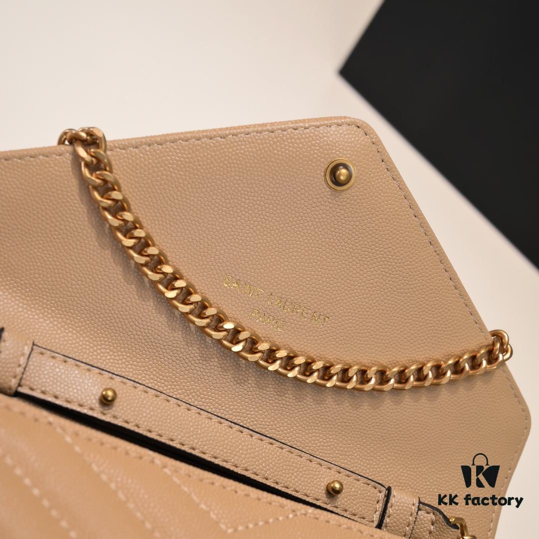 Gold Chain Ball Pattern! Classic Best-Selling SAINT LAURENT Front Flip Leather Wallet with Detachable Metal Chain, Interlocking YSL Logo, Jacquard Quilted Stitching