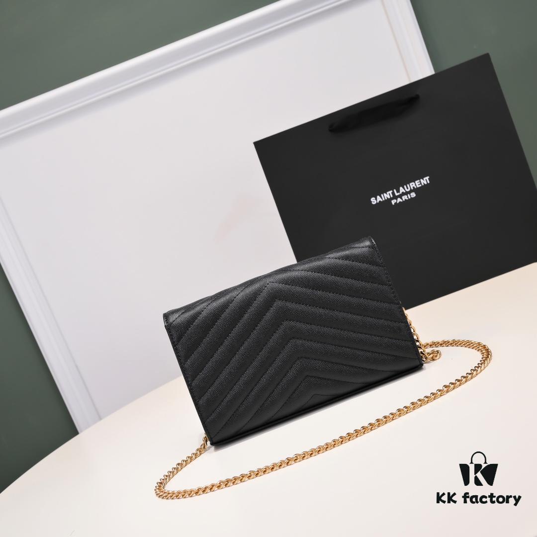 Gold Chain Ball Pattern! Classic Best-Selling SAINT LAURENT Flap Wallet with Detachable Metal Chain, Interlocking YSL Logo, Jacquard Quilted Stitching, 100% Lambskin