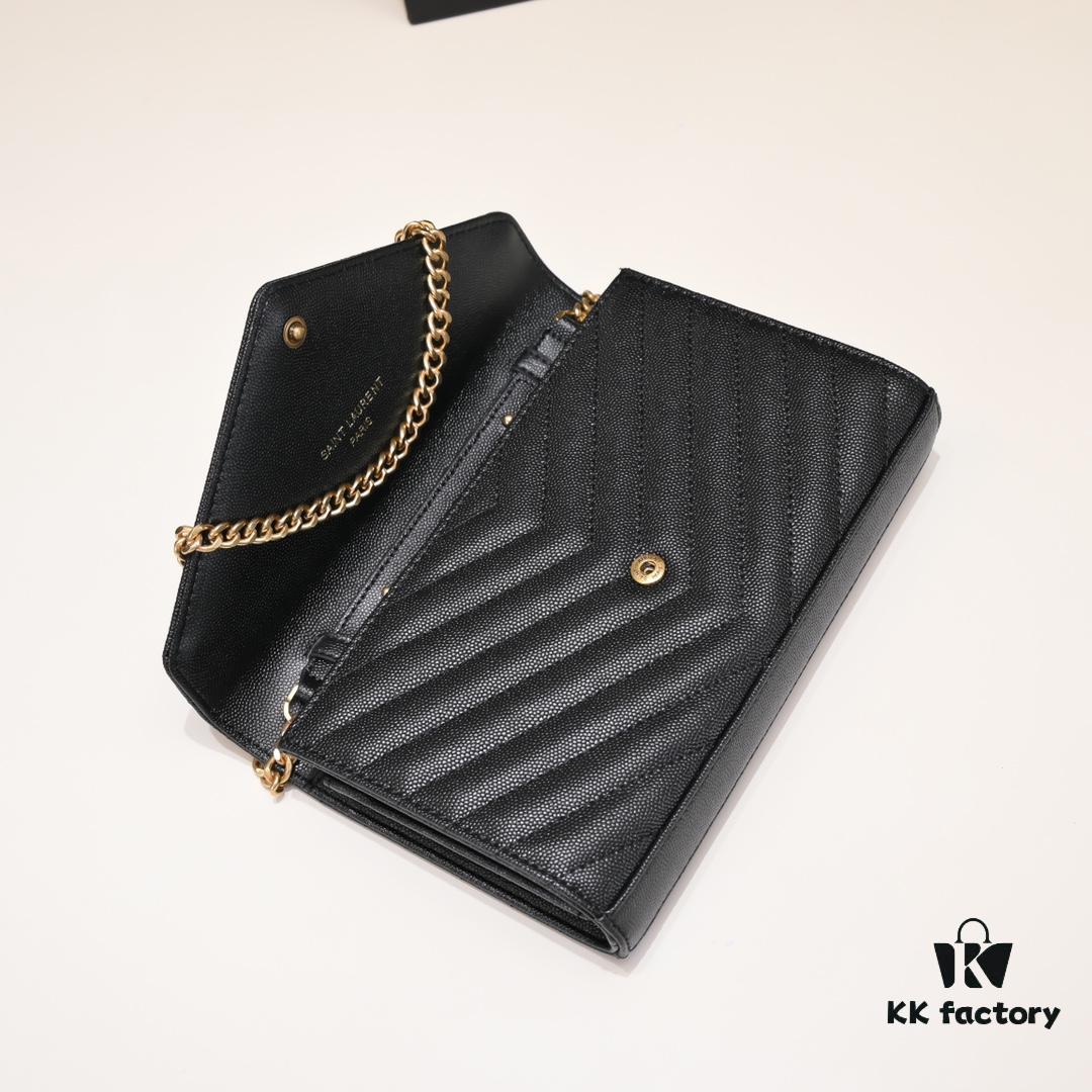 Gold Chain Ball Pattern! Classic Best-Selling SAINT LAURENT Flap Wallet with Detachable Metal Chain, Interlocking YSL Logo, Jacquard Quilted Stitching, 100% Lambskin