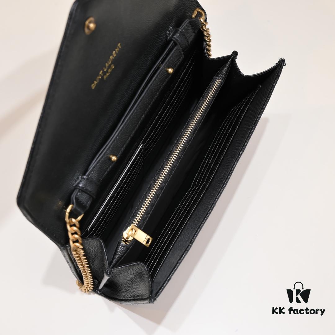 Gold Chain Ball Pattern! Classic Best-Selling SAINT LAURENT Flap Wallet with Detachable Metal Chain, Interlocking YSL Logo, Jacquard Quilted Stitching, 100% Lambskin