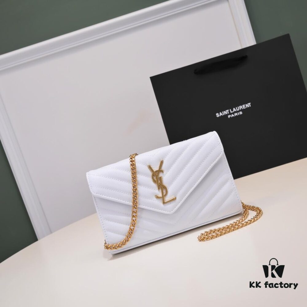 Gold Chain Ball Pattern! Classic Best-Selling SAINT LAURENT Front Flip Leather Wallet with Detachable Metal Chain, Interlocking YSL Logo, Jacquard Quilted Stitching