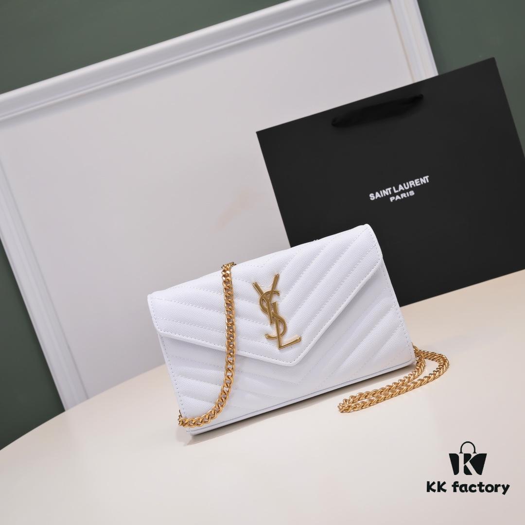 Gold Chain Ball Pattern! Classic Best-Selling SAINT LAURENT Front Flip Leather Wallet with Detachable Metal Chain, Interlocking YSL Logo, Jacquard Quilted Stitching