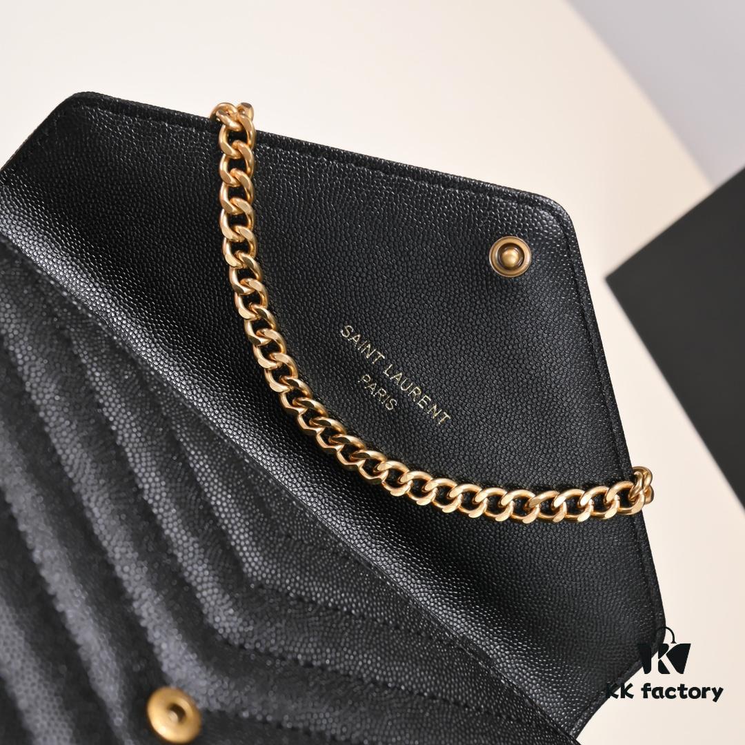 Gold Chain Ball Pattern! Classic Best-Selling SAINT LAURENT Flap Wallet with Detachable Metal Chain, Interlocking YSL Logo, Jacquard Quilted Stitching, 100% Lambskin