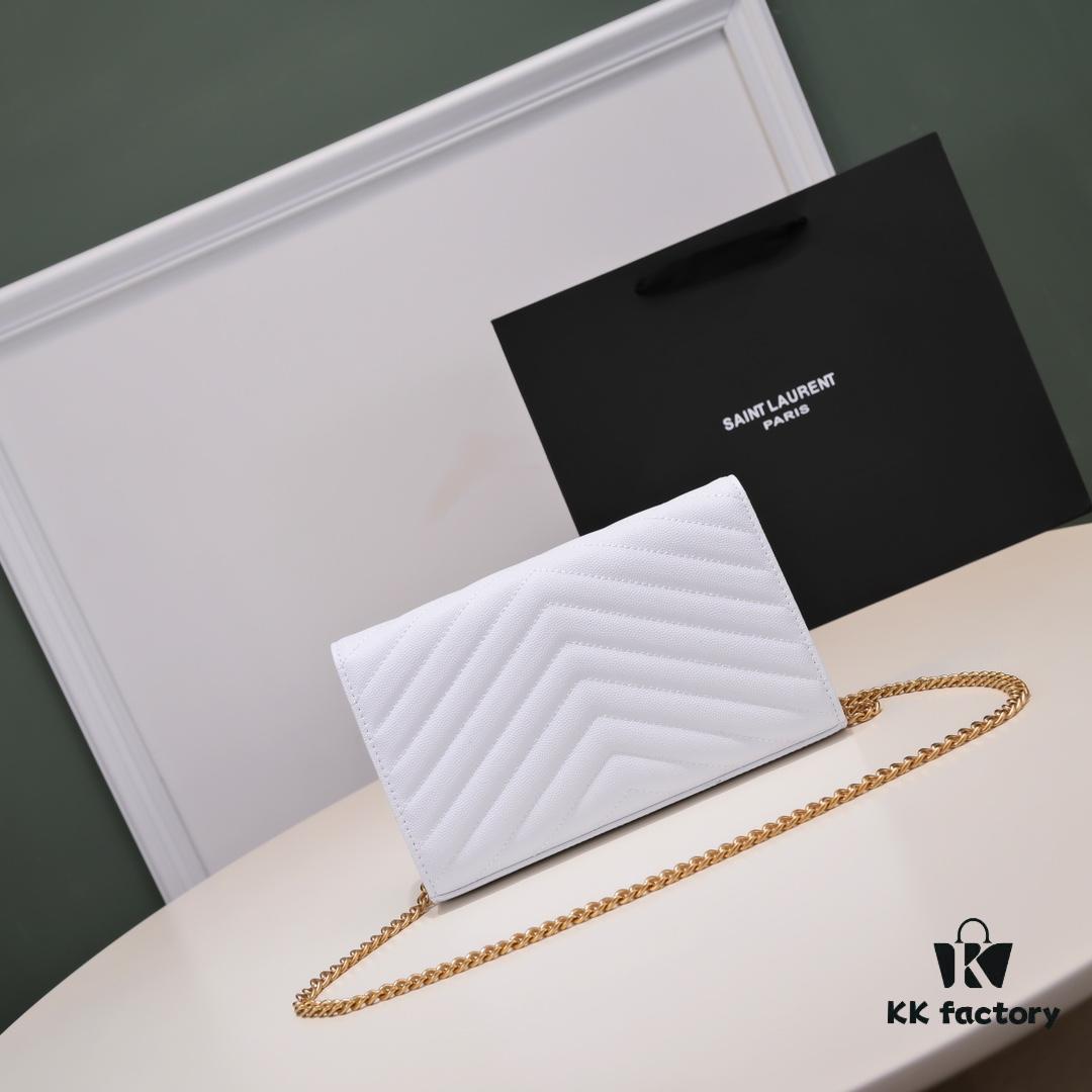 Gold Chain Ball Pattern! Classic Best-Selling SAINT LAURENT Front Flip Leather Wallet with Detachable Metal Chain, Interlocking YSL Logo, Jacquard Quilted Stitching