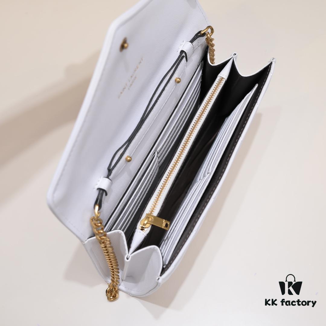 Gold Chain Ball Pattern! Classic Best-Selling SAINT LAURENT Front Flip Leather Wallet with Detachable Metal Chain, Interlocking YSL Logo, Jacquard Quilted Stitching