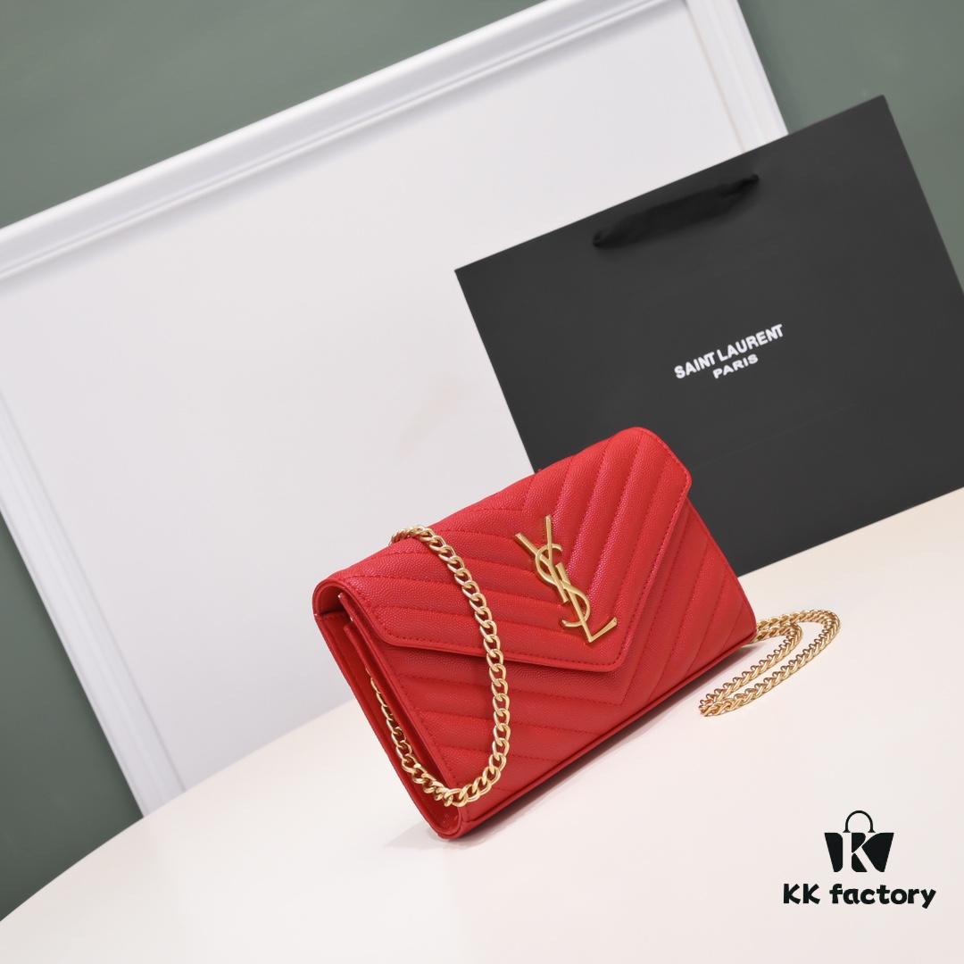 Gold Chain Ball Pattern! Classic Best-Selling SAINT LAURENT Front Flip Leather Wallet with Detachable Metal Chain, Interlocking YSL Logo, Jacquard Embossed Stitching