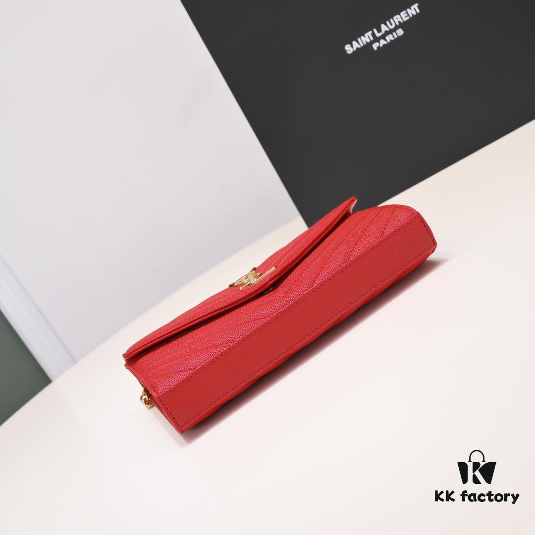 Gold Chain Ball Pattern! Classic Best-Selling SAINT LAURENT Front Flip Leather Wallet with Detachable Metal Chain, Interlocking YSL Logo, Jacquard Embossed Stitching