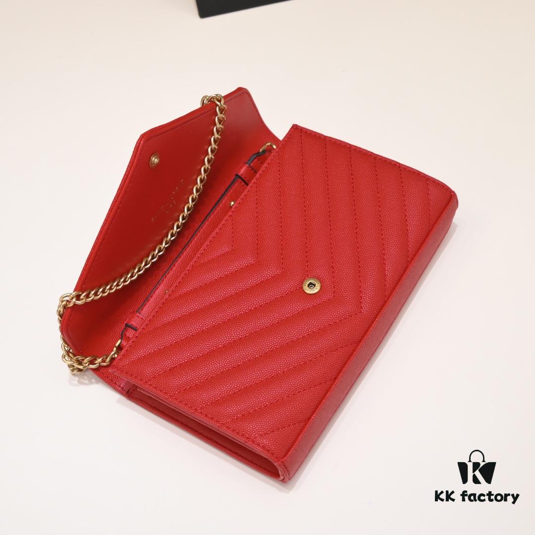 Gold Chain Ball Pattern! Classic Best-Selling SAINT LAURENT Front Flip Leather Wallet with Detachable Metal Chain, Interlocking YSL Logo, Jacquard Embossed Stitching