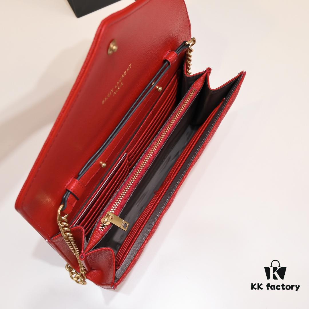 Gold Chain Ball Pattern! Classic Best-Selling SAINT LAURENT Front Flip Leather Wallet with Detachable Metal Chain, Interlocking YSL Logo, Jacquard Embossed Stitching