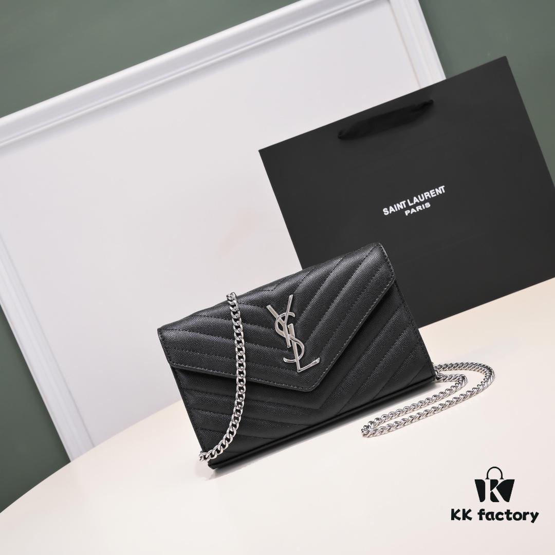 Silver Chain Ball Pattern! Classic Best-Selling SAINT LAURENT Front Flip Leather Wallet with Detachable Metal Chain, Interlocking YSL Logo, Jacquard Embossed Stitching