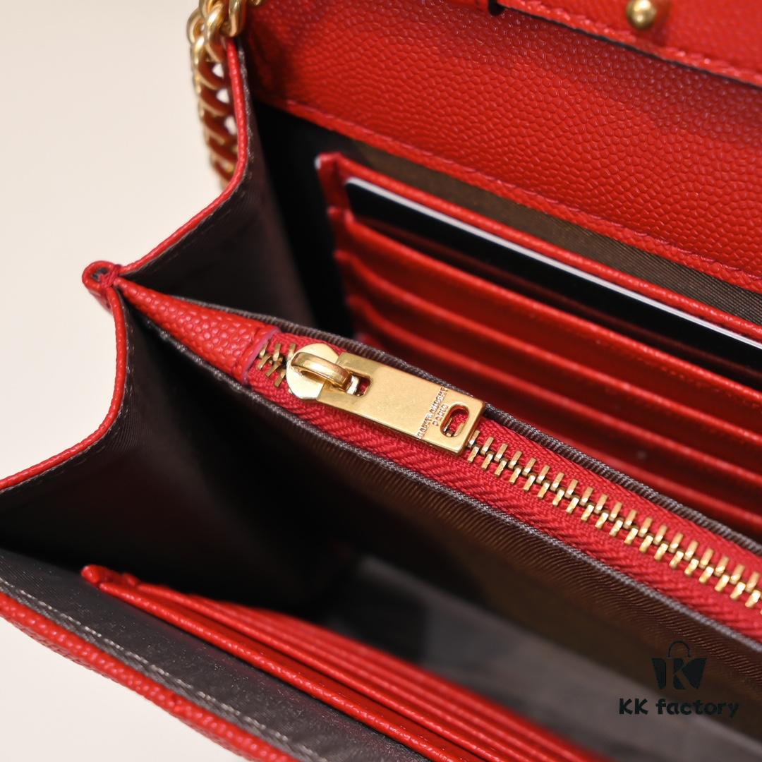 Gold Chain Ball Pattern! Classic Best-Selling SAINT LAURENT Front Flip Leather Wallet with Detachable Metal Chain, Interlocking YSL Logo, Jacquard Embossed Stitching