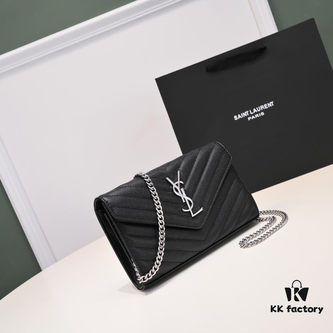 Silver Chain Ball Pattern! Classic Best-Selling SAINT LAURENT Front Flip Leather Wallet with Detachable Metal Chain, Interlocking YSL Logo, Jacquard Embossed Stitching