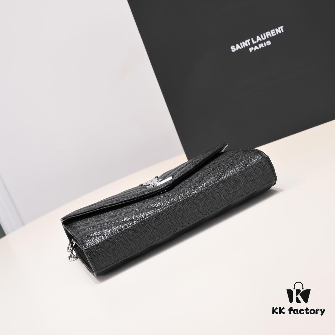 Silver Chain Ball Pattern! Classic Best-Selling SAINT LAURENT Front Flip Leather Wallet with Detachable Metal Chain, Interlocking YSL Logo, Jacquard Embossed Stitching