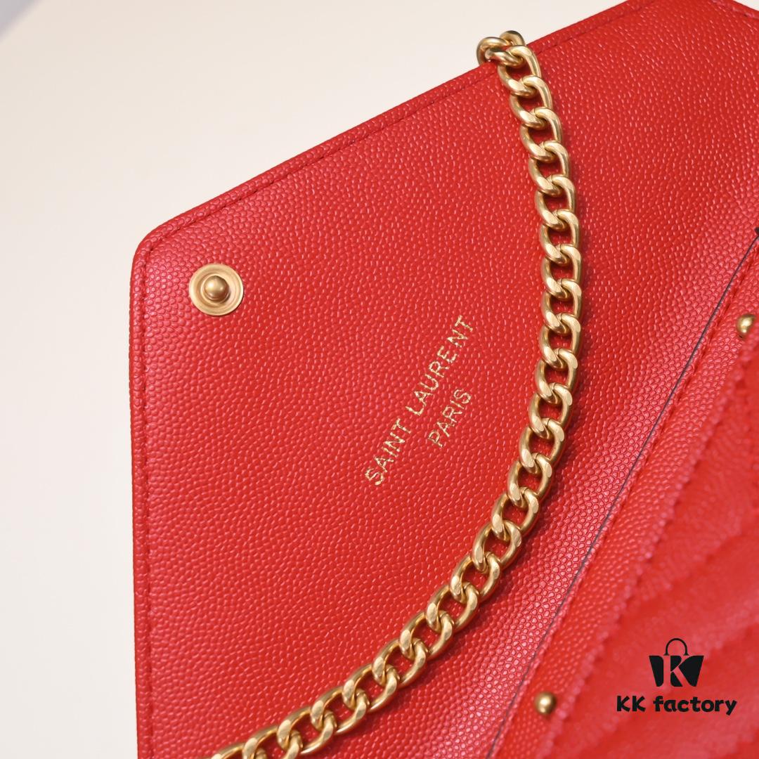 Gold Chain Ball Pattern! Classic Best-Selling SAINT LAURENT Front Flip Leather Wallet with Detachable Metal Chain, Interlocking YSL Logo, Jacquard Embossed Stitching