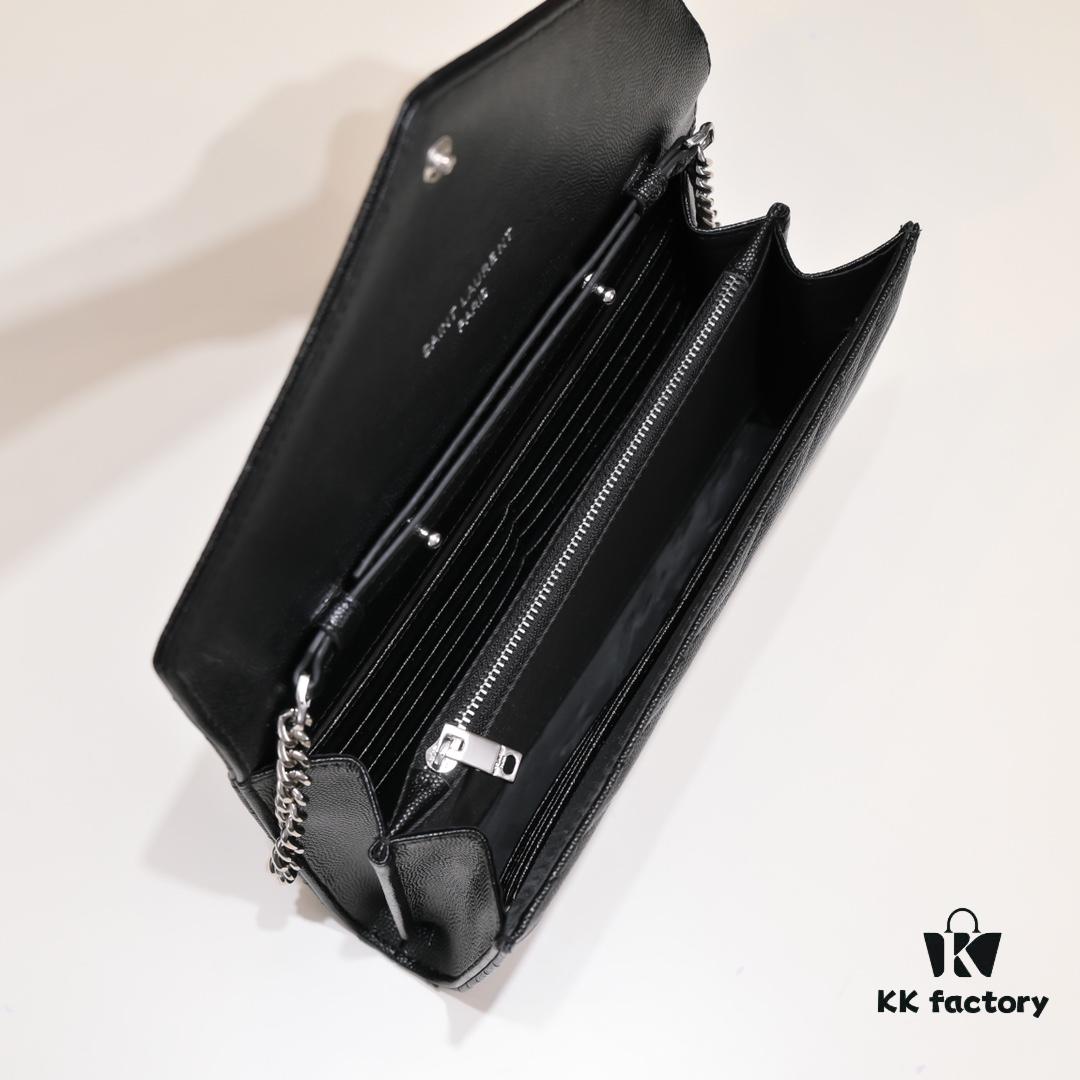 Silver Chain Ball Pattern! Classic Best-Selling SAINT LAURENT Front Flip Leather Wallet with Detachable Metal Chain, Interlocking YSL Logo, Jacquard Embossed Stitching