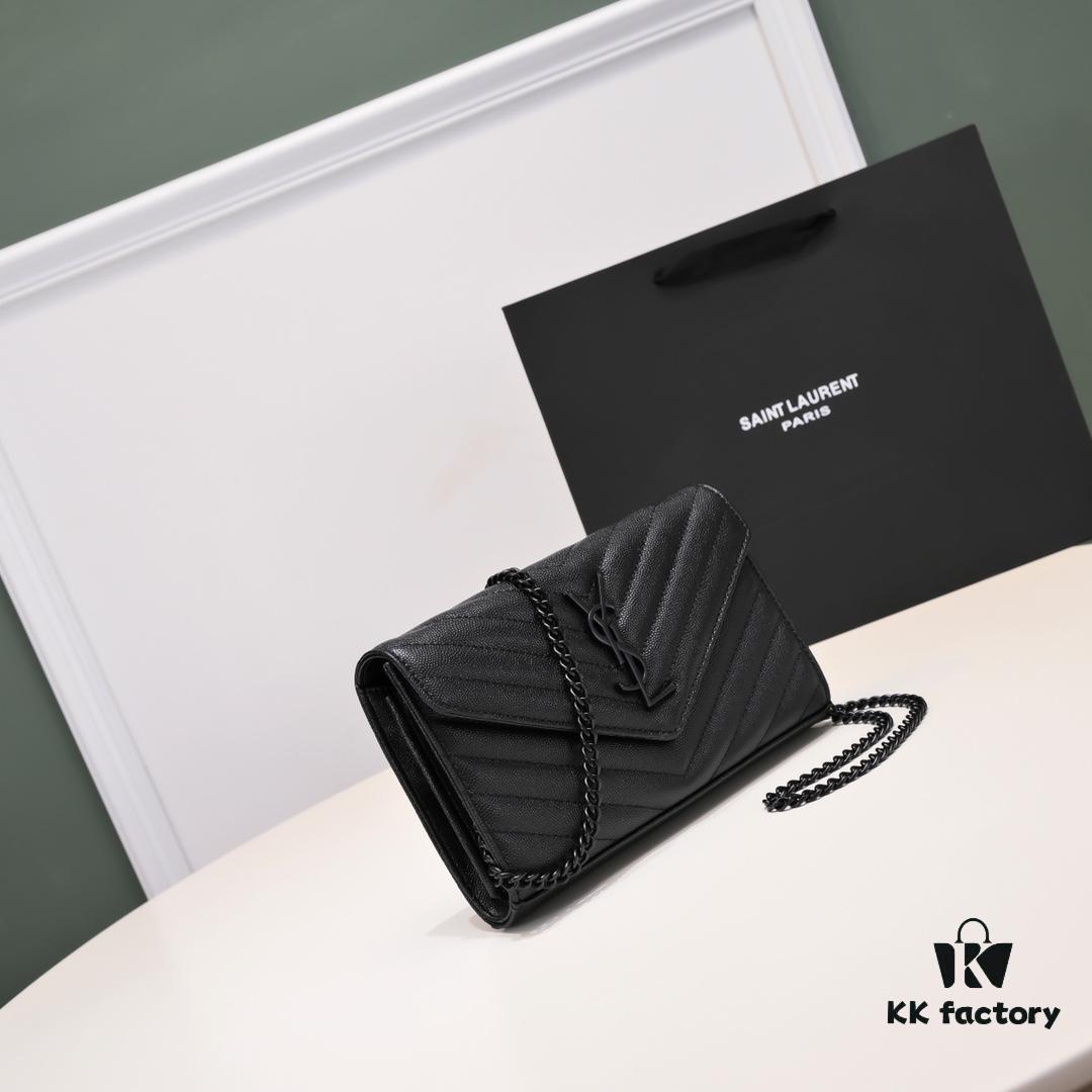 Black Quilted SAINT LAURENT Flap Front Leather Wallet with Detachable Chain