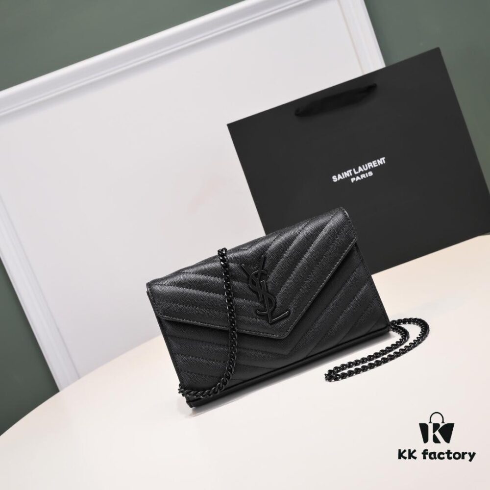 Black Quilted SAINT LAURENT Flap Front Leather Wallet with Detachable Chain