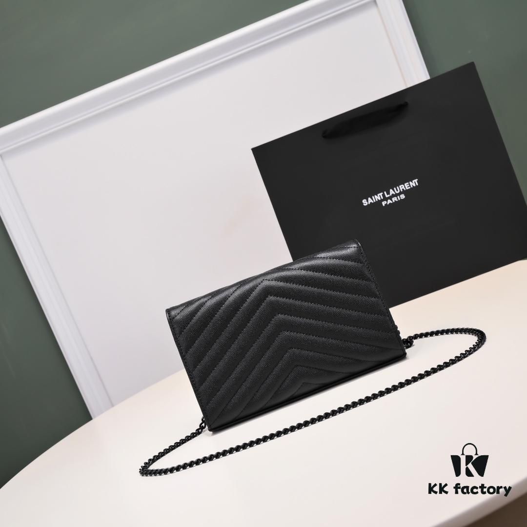 Black Quilted SAINT LAURENT Flap Front Leather Wallet with Detachable Chain