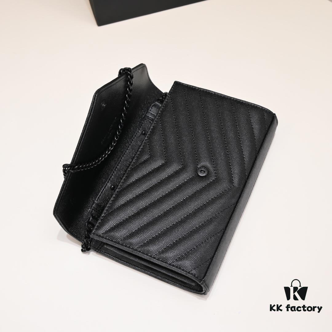 Black Quilted SAINT LAURENT Flap Front Leather Wallet with Detachable Chain