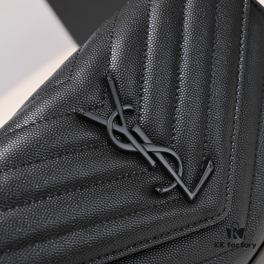 Black Quilted SAINT LAURENT Flap Front Leather Wallet with Detachable Chain