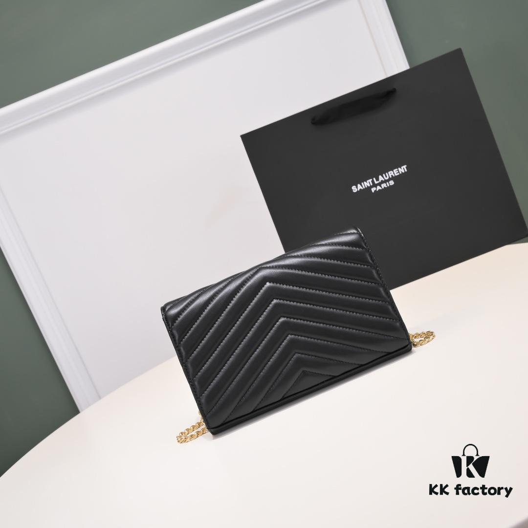 Golden Chain Lambskin! Classic Best-Selling SAINT LAURENT Front Flip Wallet with Detachable Metal Chain, Interlocking YSL Logo, Jacquard Embossed Stitching Decoration