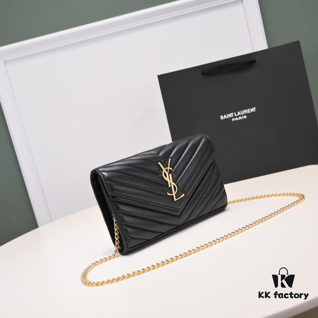 Golden Chain Lambskin! Classic Best-Selling SAINT LAURENT Front Flip Wallet with Detachable Metal Chain, Interlocking YSL Logo, Jacquard Embossed Stitching Decoration