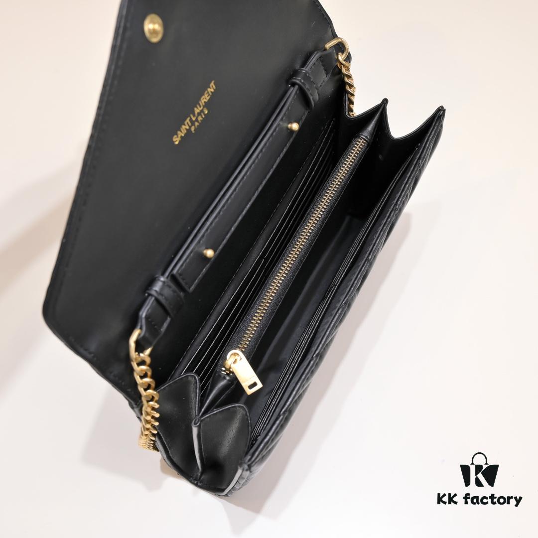 Golden Chain Lambskin! Classic Best-Selling SAINT LAURENT Front Flip Wallet with Detachable Metal Chain, Interlocking YSL Logo, Jacquard Embossed Stitching Decoration