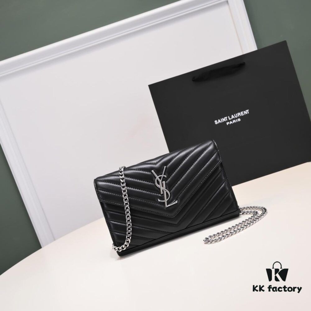 Silver Chain Lambskin! Classic Best-Selling SAINT LAURENT Front Flap Wallet with Detachable Metal Chain, Interlocking YSL Logo, Jacquard Stitched Embellishment