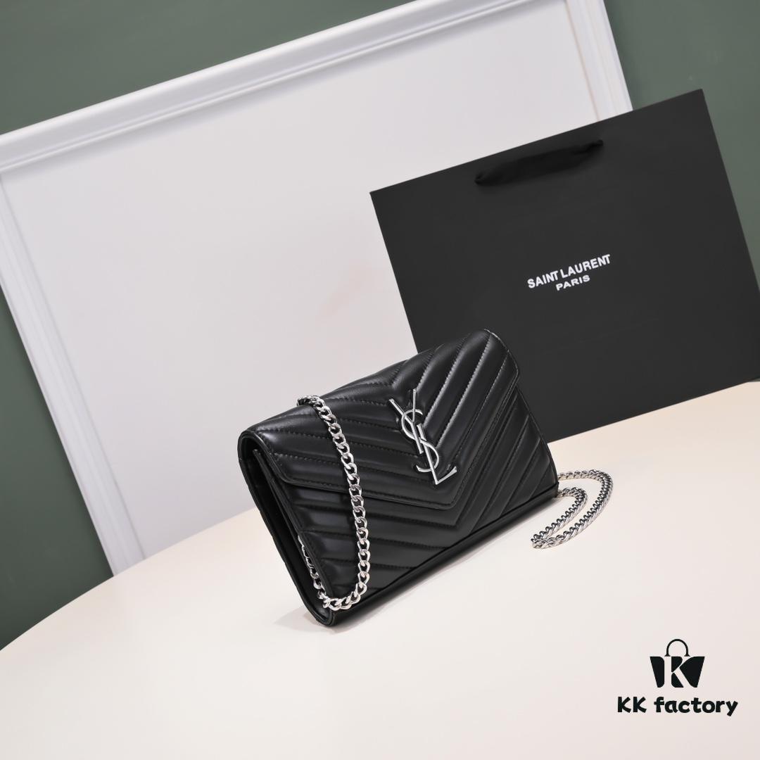 Silver Chain Lambskin! Classic Best-Selling SAINT LAURENT Front Flap Wallet with Detachable Metal Chain, Interlocking YSL Logo, Jacquard Stitched Embellishment