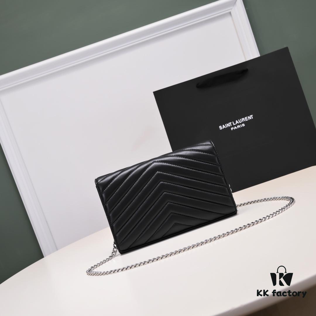 Silver Chain Lambskin! Classic Best-Selling SAINT LAURENT Front Flap Wallet with Detachable Metal Chain, Interlocking YSL Logo, Jacquard Stitched Embellishment