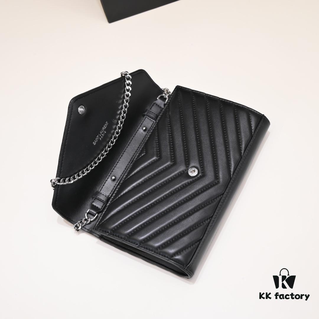 Silver Chain Lambskin! Classic Best-Selling SAINT LAURENT Front Flap Wallet with Detachable Metal Chain, Interlocking YSL Logo, Jacquard Stitched Embellishment