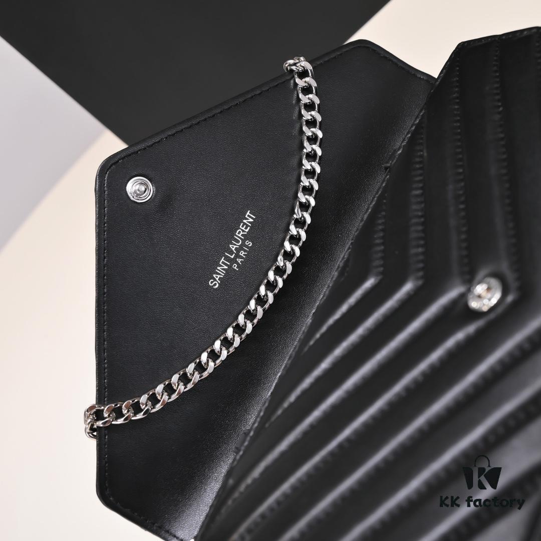 Silver Chain Lambskin! Classic Best-Selling SAINT LAURENT Front Flap Wallet with Detachable Metal Chain, Interlocking YSL Logo, Jacquard Stitched Embellishment