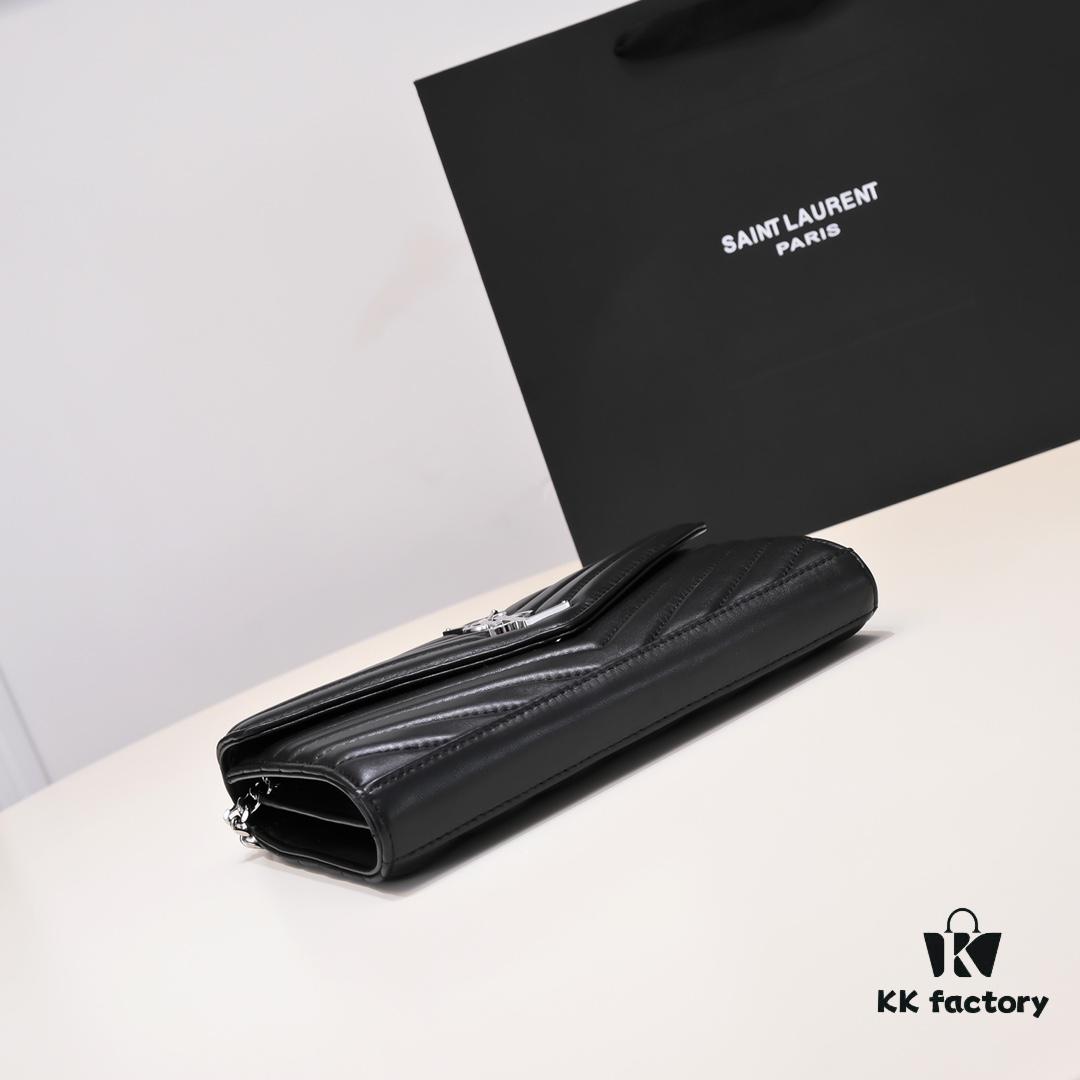 Silver Chain Lambskin! Classic Best-Selling SAINT LAURENT Front Flap Wallet with Detachable Metal Chain, Interlocking YSL Logo, Jacquard Stitched Embellishment