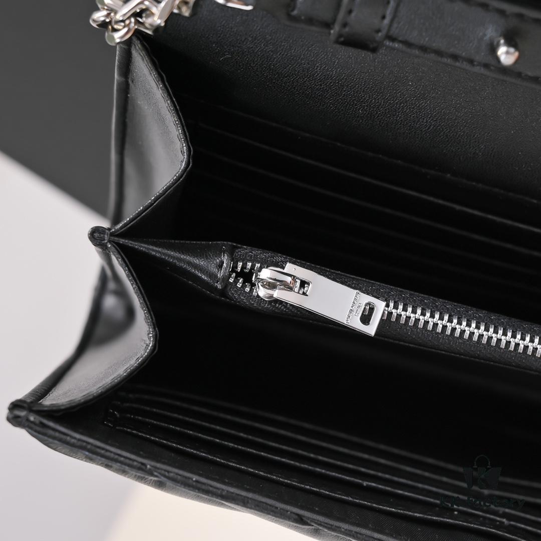 Silver Chain Lambskin! Classic Best-Selling SAINT LAURENT Front Flap Wallet with Detachable Metal Chain, Interlocking YSL Logo, Jacquard Stitched Embellishment
