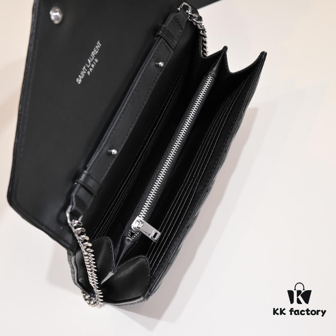 Silver Chain Lambskin! Classic Best-Selling SAINT LAURENT Front Flap Wallet with Detachable Metal Chain, Interlocking YSL Logo, Jacquard Stitched Embellishment