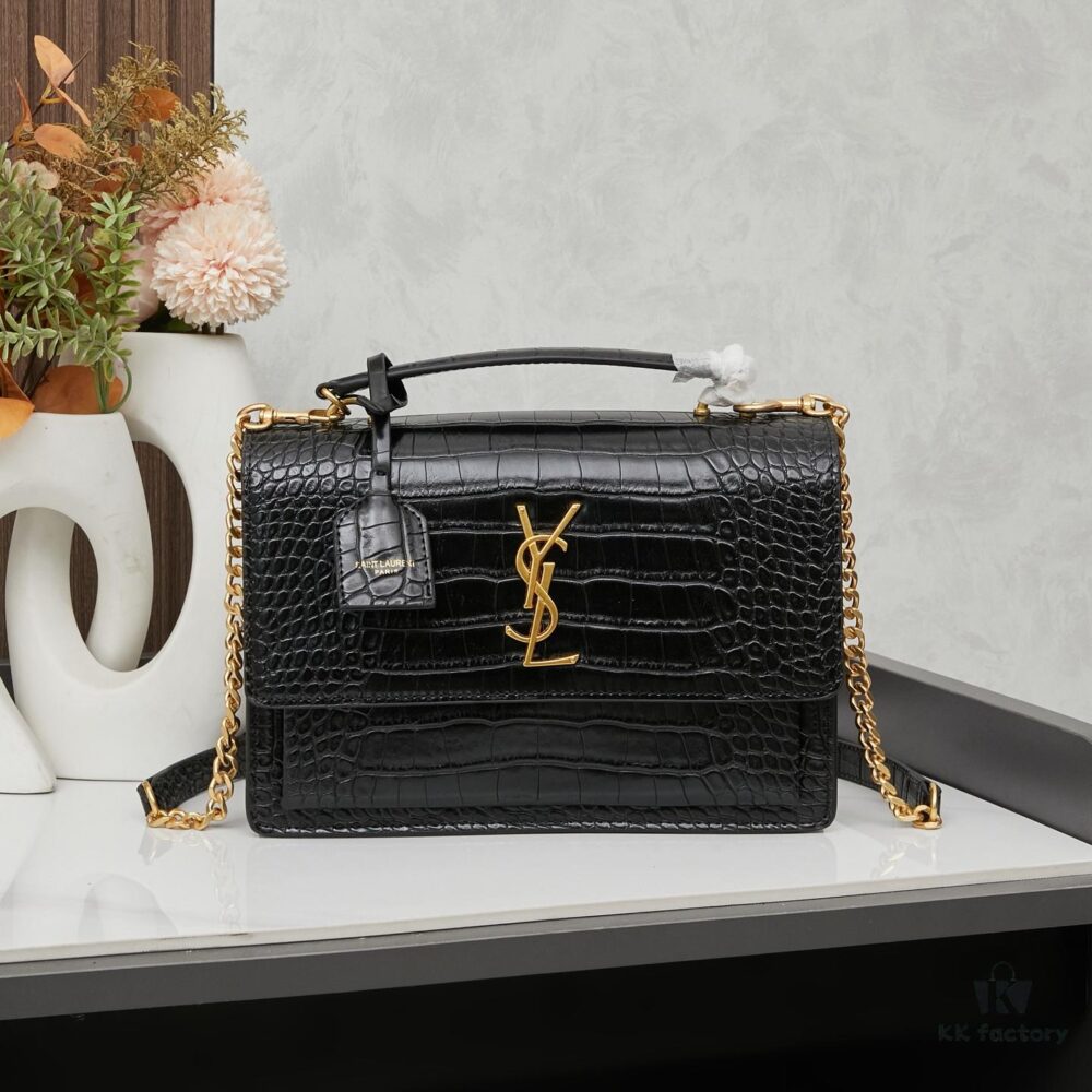 YSL Sunset Crocodile Embossed Shiny Leather Chain Handbag with Box