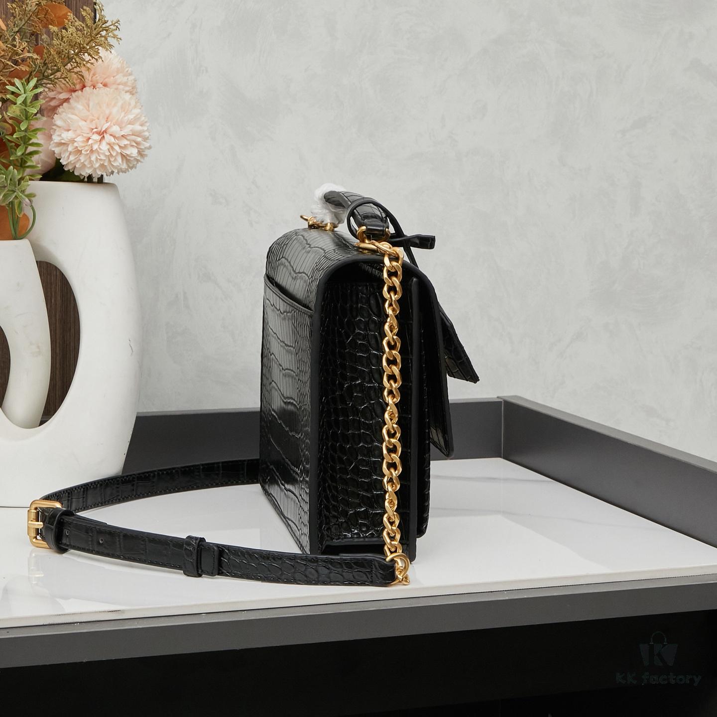 YSL Sunset Crocodile Embossed Shiny Leather Chain Handbag with Box