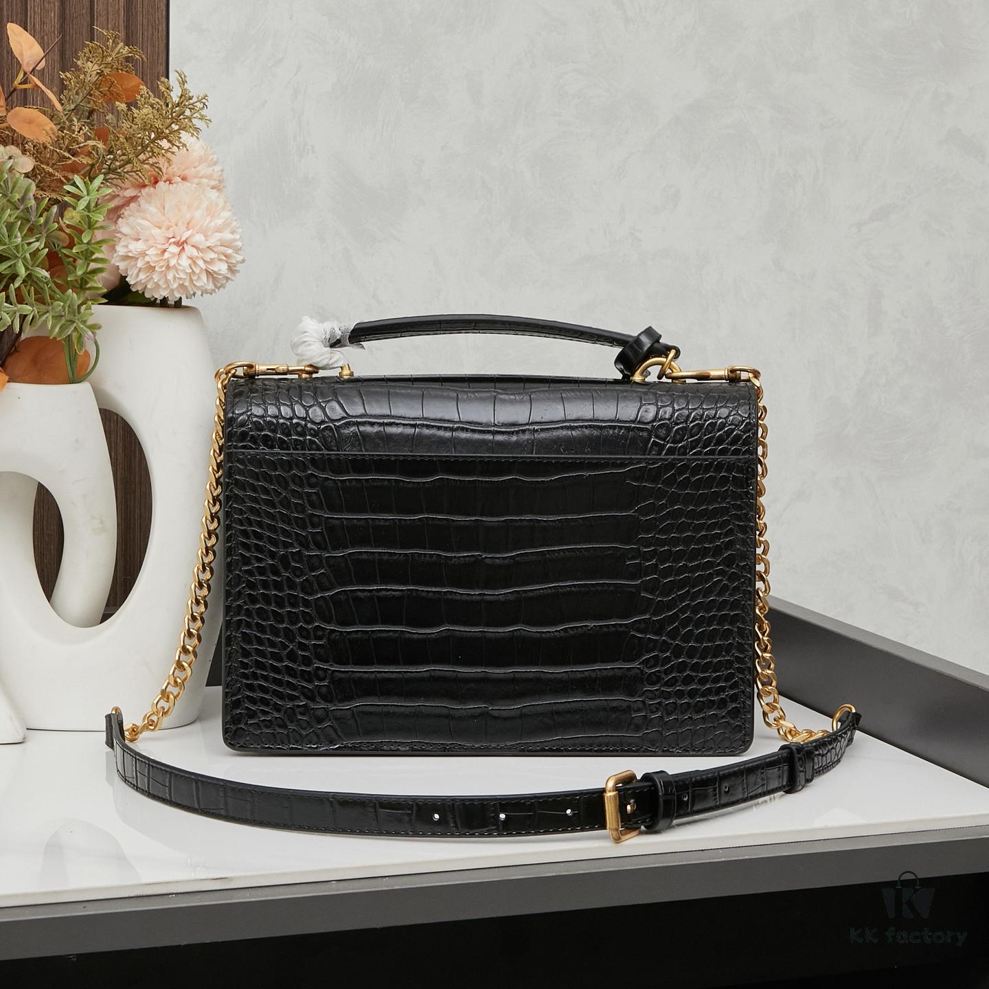 YSL Sunset Crocodile Embossed Shiny Leather Chain Handbag with Box