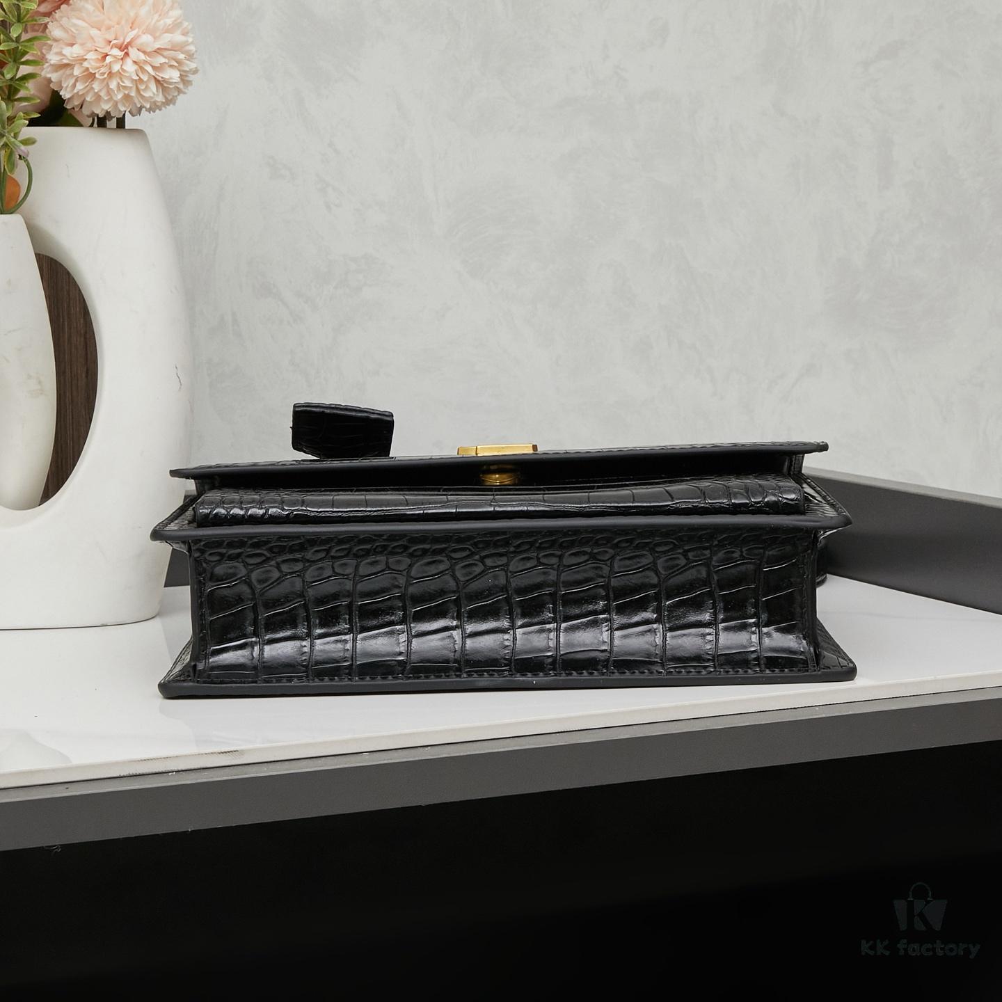 YSL Sunset Crocodile Embossed Shiny Leather Chain Handbag with Box