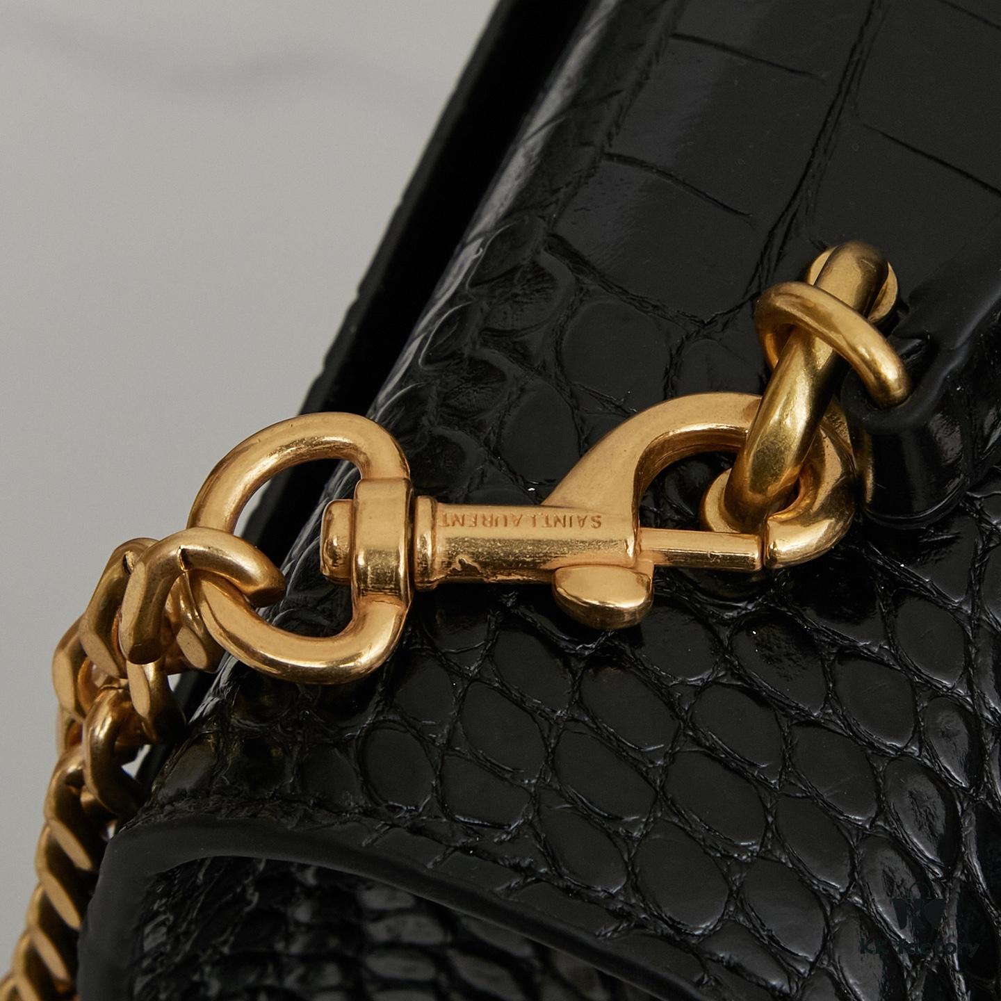 YSL Sunset Crocodile Embossed Shiny Leather Chain Handbag with Box