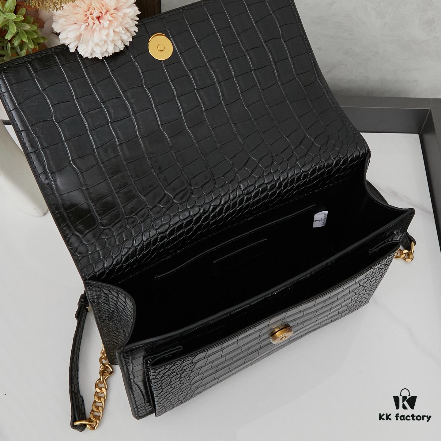 YSL Sunset Crocodile Embossed Shiny Leather Chain Handbag with Box