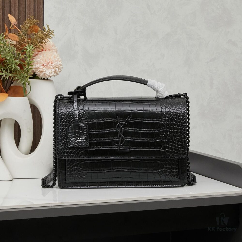 Saint Laurent SUNSET Embossed Crocodile-Texture Shiny Leather Chain Handbag with Box
